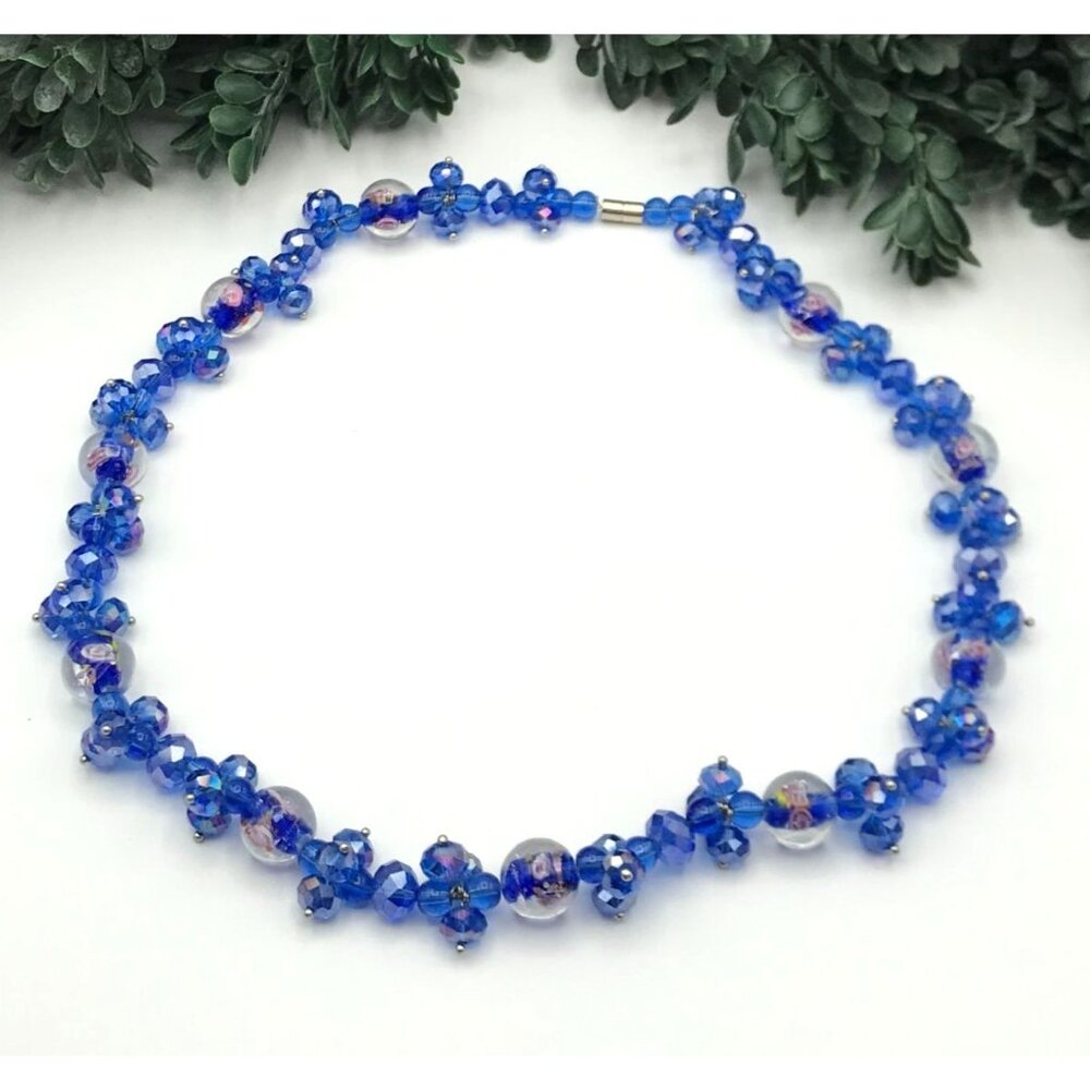 Vintage style Blue Glass Bead Necklace With Floral Accents